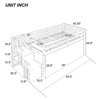 Sunvega Grey Pine Wood Loft Bed with Staircase and Storage Steps