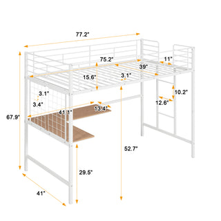 Sunvega Twin Metal Loft Bed with Desk, Metal Grid and Guardrail for Bedroom