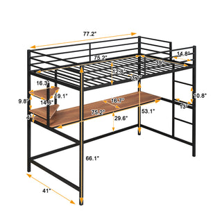 Sunvega Twin Metal Loft Bed with Desk and Shelf in Clean Painted Finish