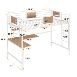 Sunvega Twin Metal Loft Bed with Desk and Shelve in Clean White Finish