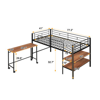 Sunvega Twin Size Metal Loft Bed with Desk, Shelves, and Full Guardrail