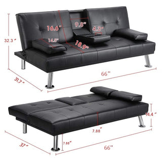 Sunvega Modern Faux Leather Convertible Sofa Bed with Cup Holders and Adjustable Backrest