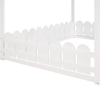 Sunvega Full Size Wood Playhouse Bed Frame with Fence for Kids and Teens