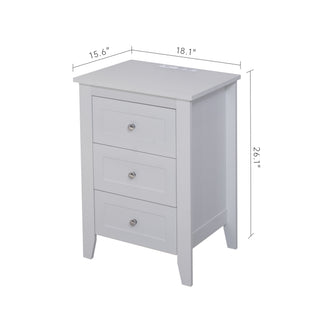 Sunvega Modern White Nightstand with 3 Drawers and Charging Station for Bedroom