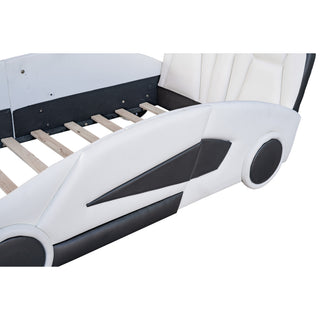 Sunvega Twin Size White Race Car Platform Bed with Wheels for Kids Bedroom