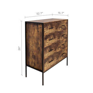 Sunvega Industrial Rustic Brown Wood Dresser with 4 Drawers and Steel Frame