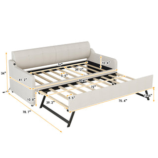 Sunvega Beige Upholstered Twin Daybed with Trundle and USB Charging Design