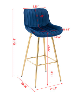 Sunvega 30 inch Set of 2 Blue Velvet Bar Stools with Chrome Footrest and Golden Legs