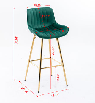 Sunvega Set of 2 Velvet Fabric Bar Stools with Chrome Footrest and Golden Legs