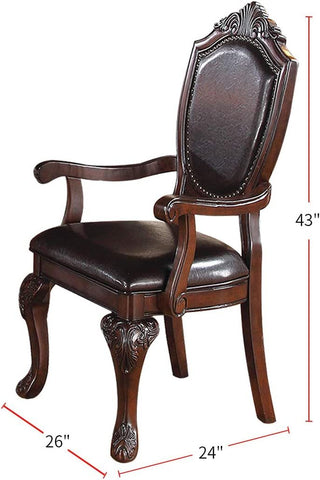 Sunvega Formal Set of 2 Dark Brown Rubberwood Arm Chairs with Faux Leather Upholstered Seat