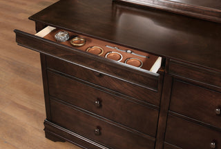Sunvega Brown Cherry Finish Louis Phillipe Style 6 Drawer Dresser with Hidden Jewelry Storage