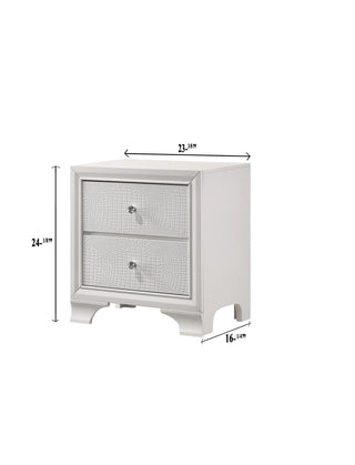 Sunvega Modern Glam White Crocodile Texture Two Drawer Nightstand with Crystal Pulls