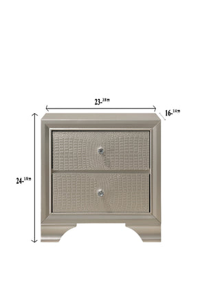 Sunvega Modern Glam Two Drawer Nightstand with Embossed Crocodile Pattern and Champagne Finish