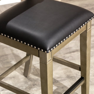 Sunvega Antique White Finish Black Leather Seat Farmhouse Counter Stool