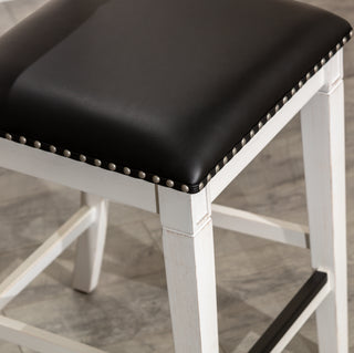Sunvega Antique White Finish Black Leather Seat Farmhouse Counter Stool