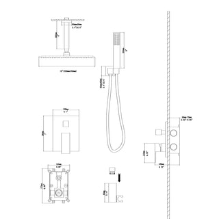 Sunvega Ceiling Mount Square Rainfall Shower System with Handheld Spray and Matte Black Finish