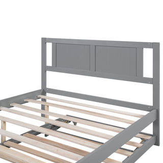 Sunvega Full Size Platform Bed with Adjustable Trundle and Headboard in Gray