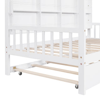 Sunvega Wooden Twin Size House Bed with Trundle and Playhouse Design Shelf