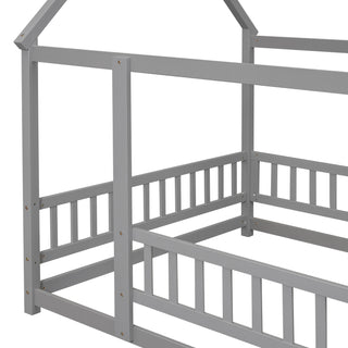 Sunvega Full Size Floor Wooden Bed with House Roof Frame and Fence Guardrails