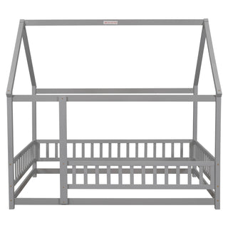 Sunvega Full Size Floor Wooden Bed with House Roof Frame and Fence Guardrails