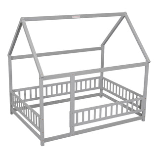 Sunvega Full Size Floor Wooden Bed with House Roof Frame and Fence Guardrails