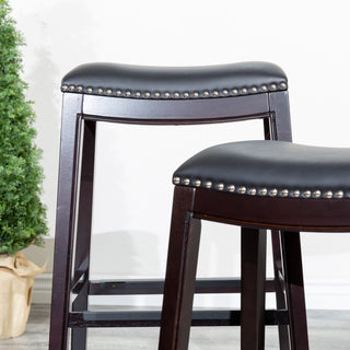 Sunvega Natural Finish Saddle Leather Seat Counter Stool with Footrest and Nail Head Trim