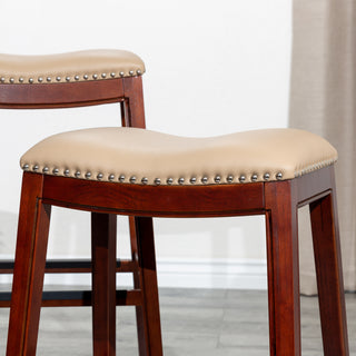 Sunvega Natural Finish Saddle Leather Seat Counter Stool with Footrest and Nail Head Trim