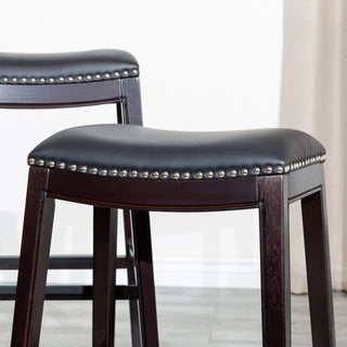 Sunvega Natural Finish Saddle Leather Seat Counter Stool with Footrest and Nail Head Trim