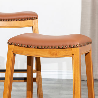 Sunvega Natural Finish Saddle Leather Seat Counter Stool with Footrest and Nail Head Trim