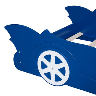 Sunvega Blue Twin Size Race Car-Shaped Platform Bed with Wheels for Kids