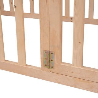 Sunvega Twin Size Wood Floor Bed Frame with Fence and Door in Walnut Finish