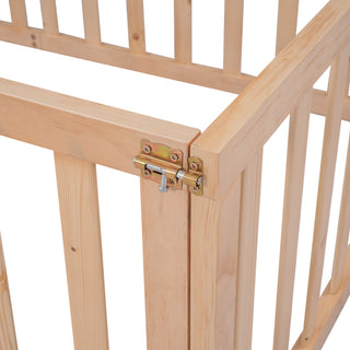 Sunvega Twin Size Wood Floor Bed Frame with Fence and Door in Walnut Finish