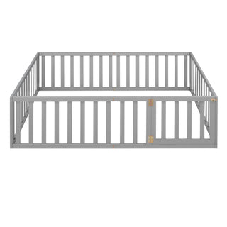 Sunvega Twin Size Wood Floor Bed Frame with Fence and Door in Walnut Finish