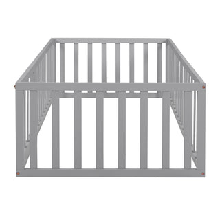 Sunvega Twin Size Wood Floor Bed Frame with Fence and Door in Walnut Finish