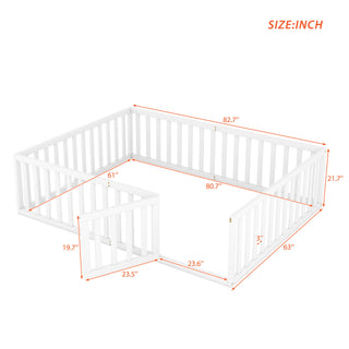 Sunvega Twin Size Wood Floor Bed Frame with Fence and Door in Walnut Finish