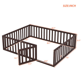 Sunvega Twin Size Wood Floor Bed Frame with Fence and Door in Walnut Finish