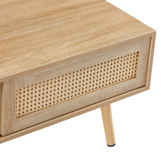 Sunvega Rattan Woven Coffee Table with Sliding Door Storage and Solid Wood Legs