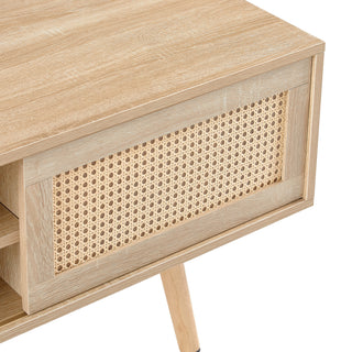 Sunvega Rattan Woven Coffee Table with Sliding Door Storage and Solid Wood Legs