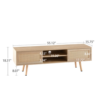 Sunvega Rattan Woven Coffee Table with Sliding Door Storage and Solid Wood Legs
