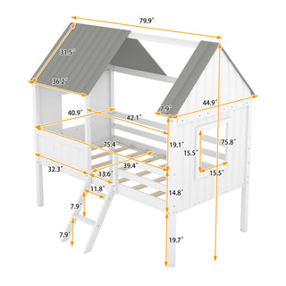 Sunvega Twin Size Low Loft Wood House Bed with Two Side Windows in White and Gray