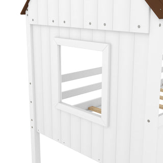 Sunvega Twin Size Low Loft Wood House Bed with Two Side Windows for Kids Playhouse
