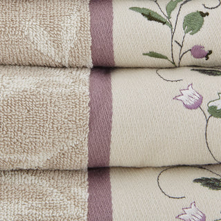 Sunvega Elegant Cotton Jacquard 6 Piece Towel Set with Floral Embroidery