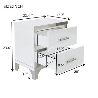 Sunvega High Gloss White Nightstand with 2 Drawers and Metal Handle for Bedroom