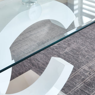 Sunvega Modern White Tempered Glass Dining Table with OC-Shaped Stainless Steel Base