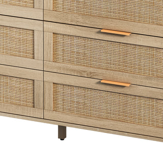 Sunvega Modern Natural Rattan 6 Drawer Dresser with Wood Legs for Bedroom Storage