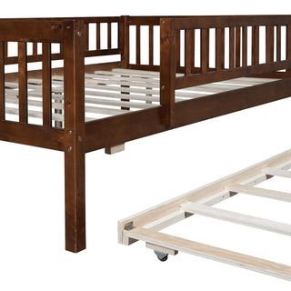 Sunvega Natural Twin Size Wood Daybed with Trundle and Fence Guardrails