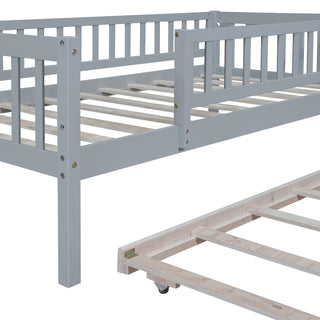 Sunvega Natural Twin Size Wood Daybed with Trundle and Fence Guardrails