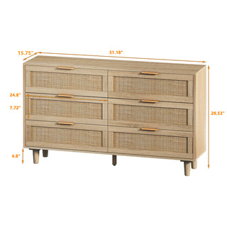 Sunvega Modern Natural Rattan 6 Drawer Dresser with Wood Legs for Bedroom Storage