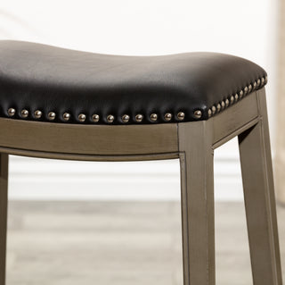 Sunvega Natural Finish Saddle Leather Seat Counter Stool with Footrest and Nail Head Trim