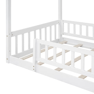 Sunvega Full Size House Bed Frame with Playhouse Fence and Roof for Kids